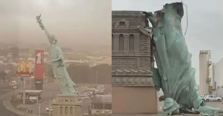 Estátua da Havan desaba após fortes ventos em Porto Alegre
